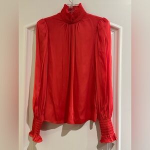 Trina Turk NWT Red Nisha Silk Blend Blouse with Ruffled Neckline Size XS